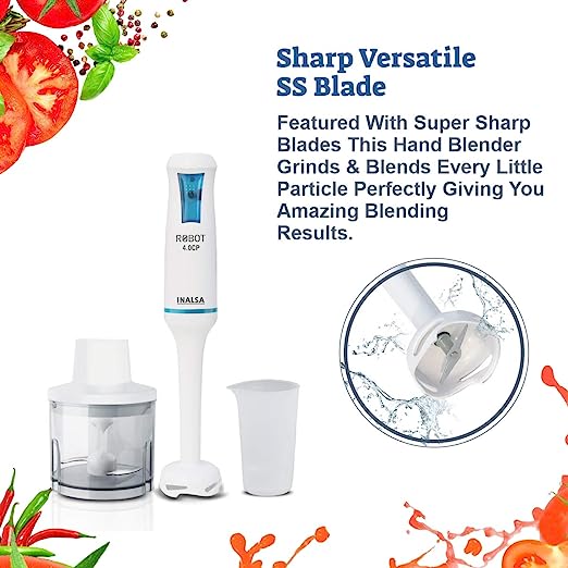 Inalsa Hand Blender Robot 4.0 CP 400-Watt Heavy Duty | 2 in 1 Hand Blender/Chopper | 2 Year Warranty| Super Silent Powerful Motor| 700 ml Break Resistant Multipurpose Jar, (White/Blue) Inalsa Hand Blender Robot 4.0 CP 400-Watt Heavy Duty | 2 in 1 Hand Blender/Chopper | 2 Year Warranty| Super Silent Powerful Motor| 700 ml Break Resistant Multipurpose Jar, (White/Blue)